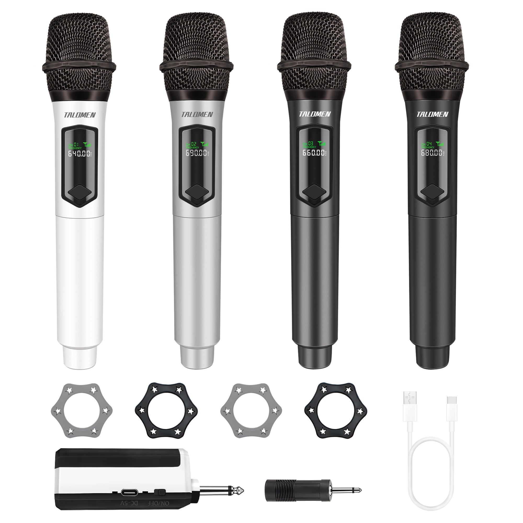 TALOMEN ワイヤレスマイクシステム 受信機+マイク4本 K604-WSGB 🔥New 4-Mic Set】 Talomen Wireless Dynamic Microphone